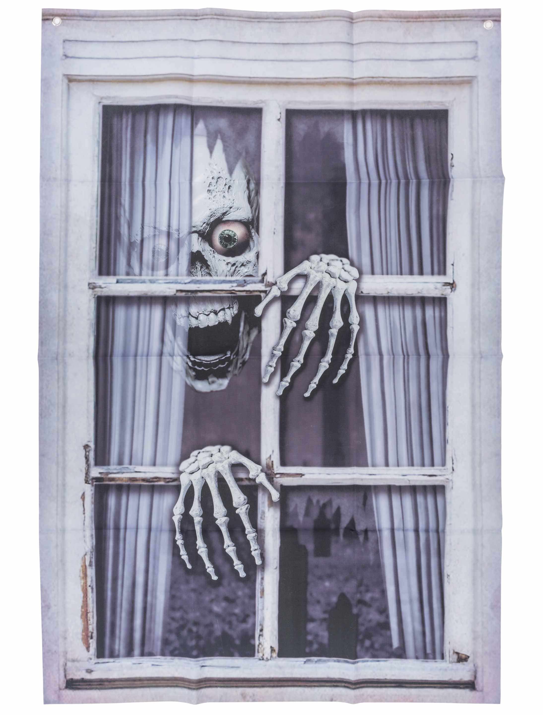 Dekotuch Fenster mit Totenkopf weiß/schwarz