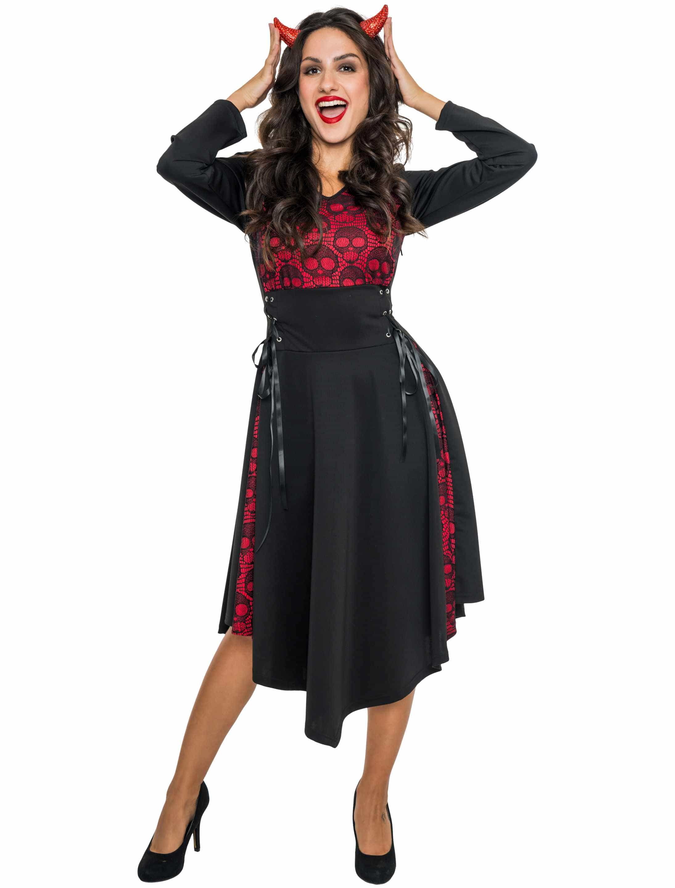 Kleid Totenköpfe lang Damen schwarz/rot L/XL