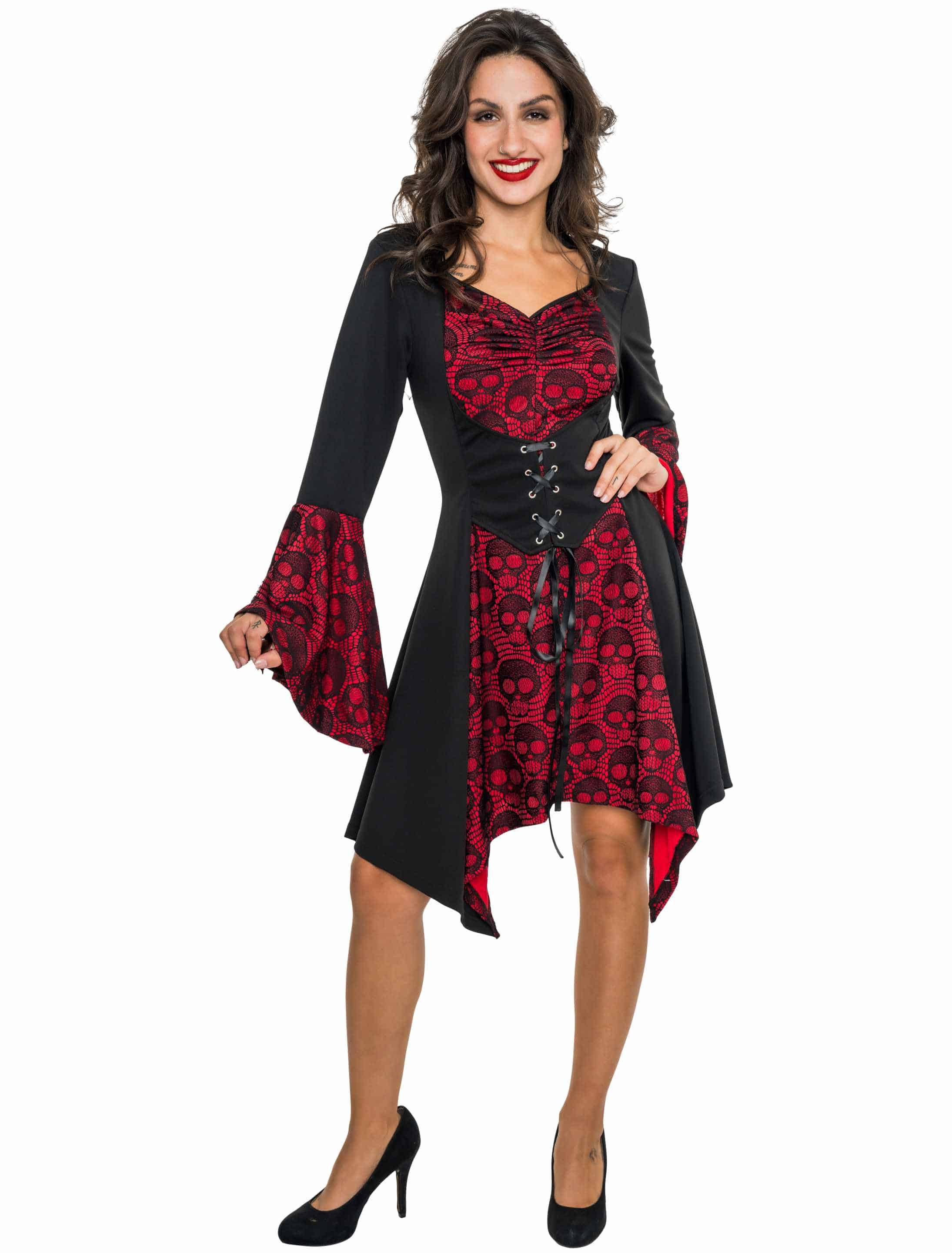 Kleid Totenkopf mit Korsett Damen schwarz/rot S/M