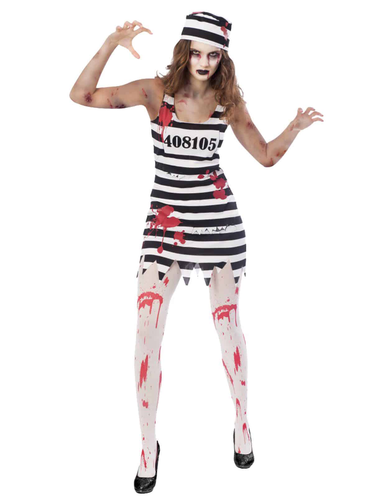 Kleid Zombie-Sträfling 2-tlg. Damen schwarz/weiß/rot M