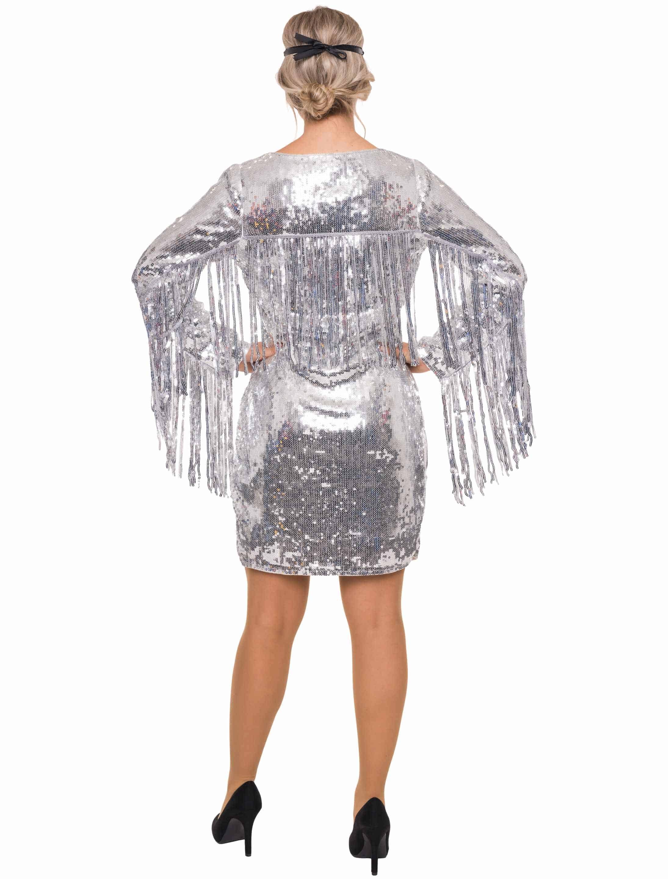 Kleid Pailletten mit Fransen Damen silber S