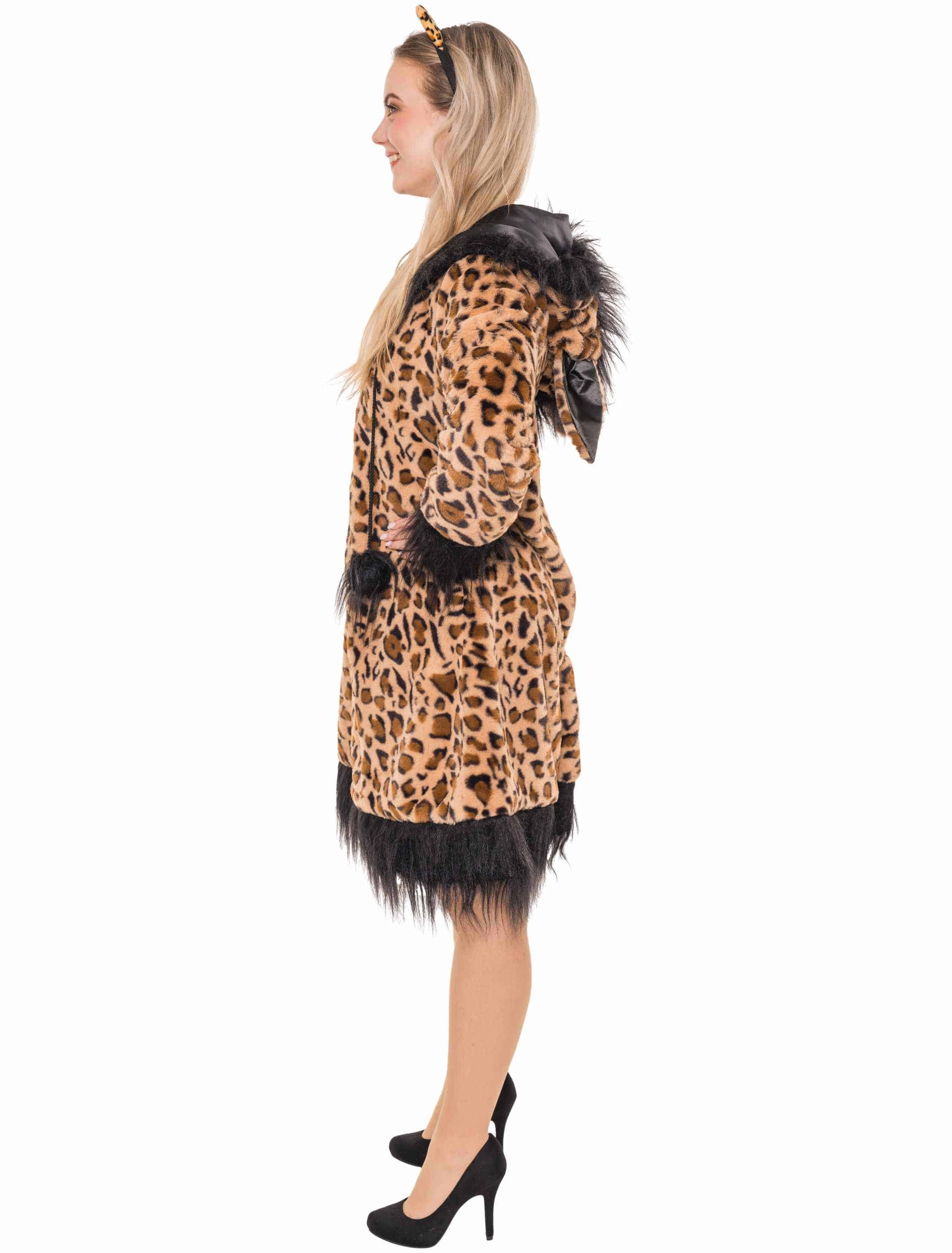 Kleid Plüsch Leopard mit Kapuze Damen schwarz/braun 2XL/3XL