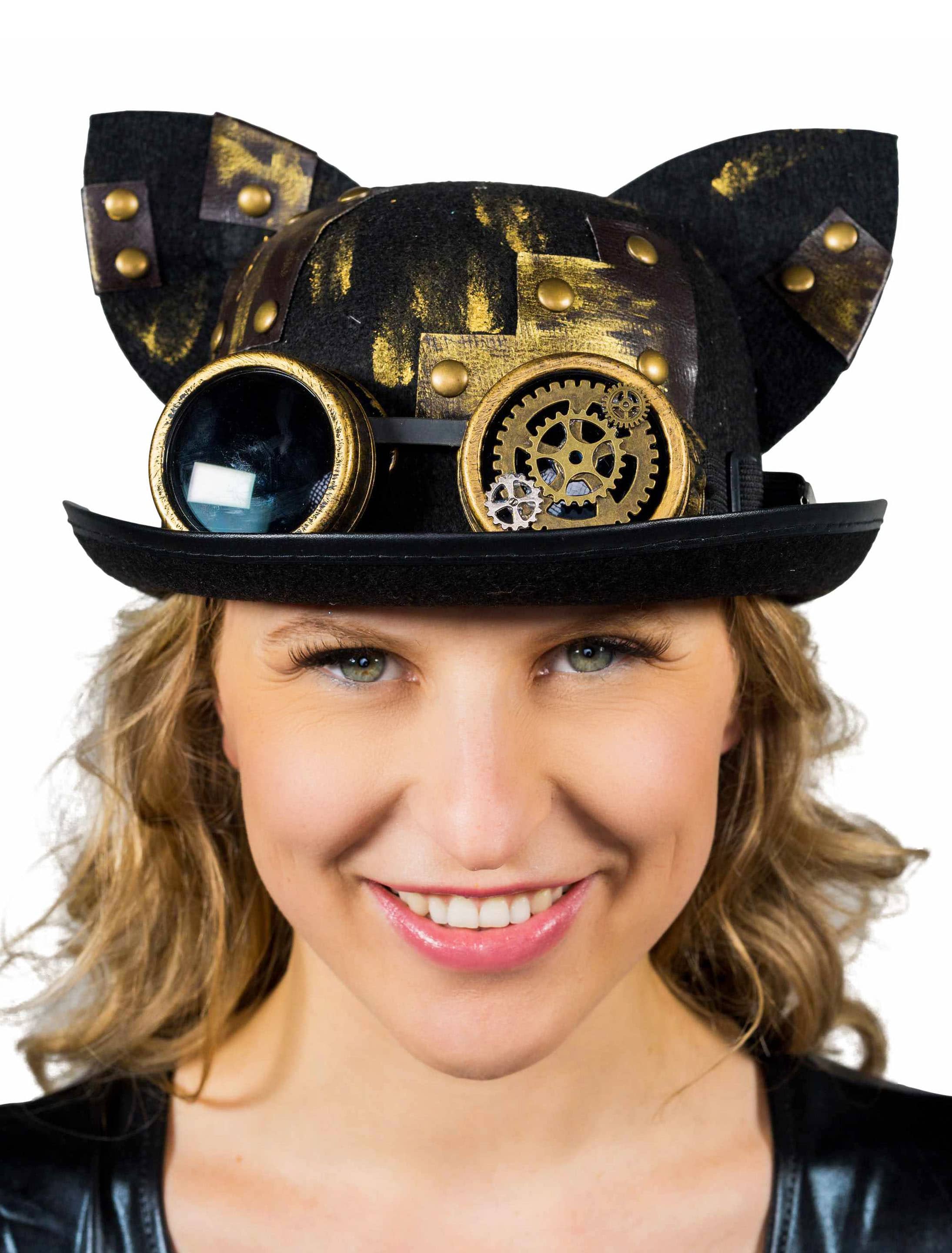 Hut Steampunk mit Brille schwarz/gold 58