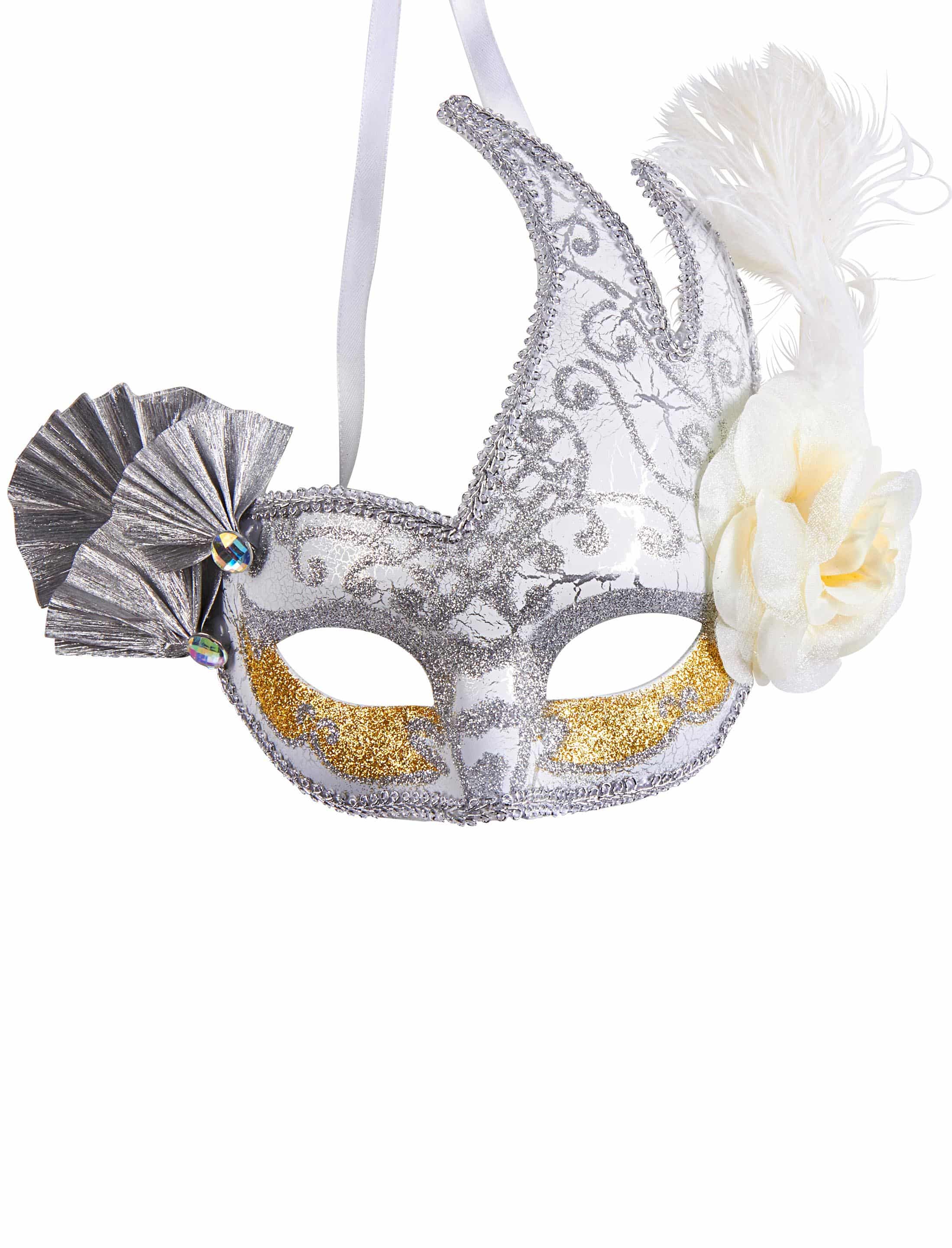 Maske Venezia mit Federn silber
