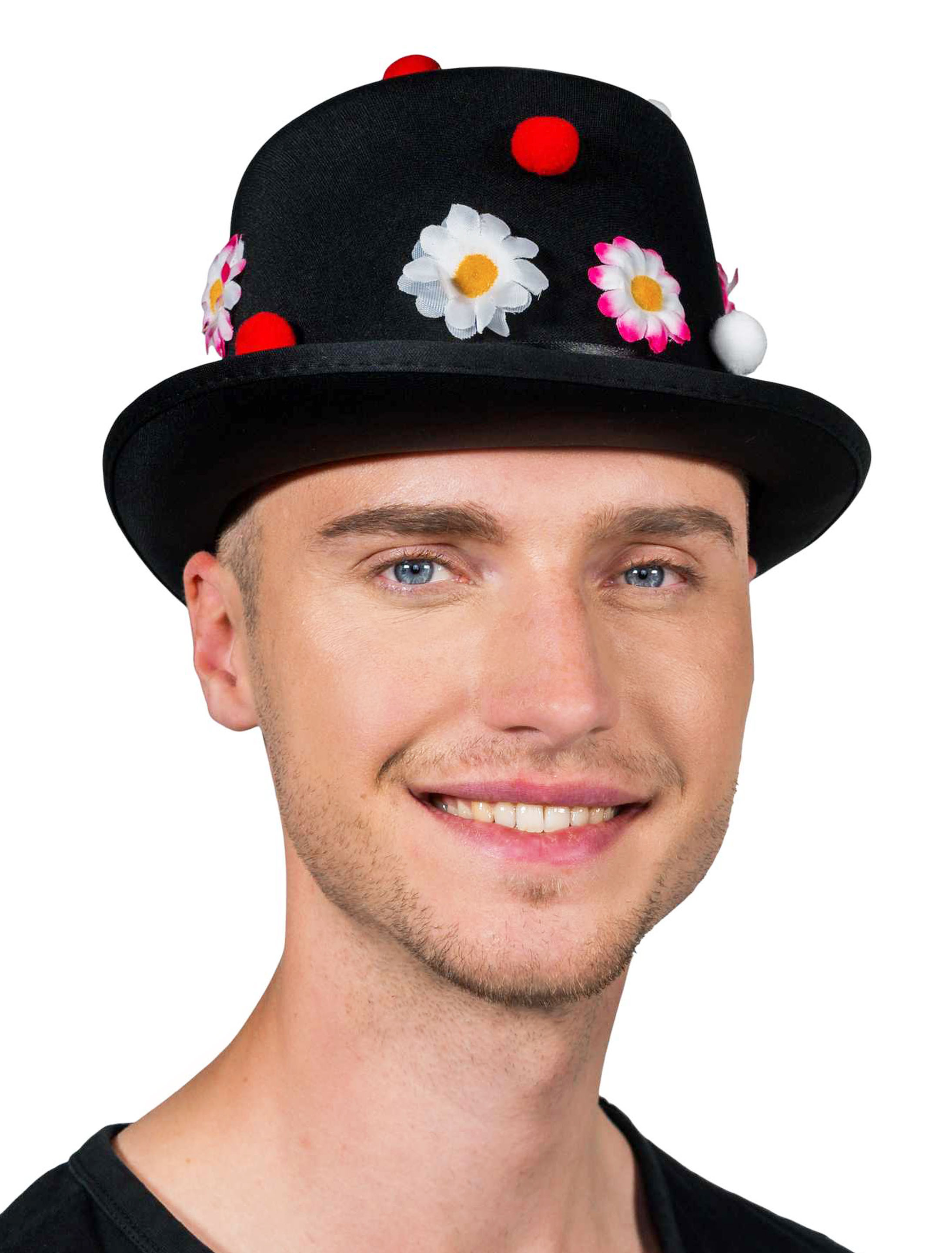 Zylinder mit Blumen und Pompoms schwarz 58