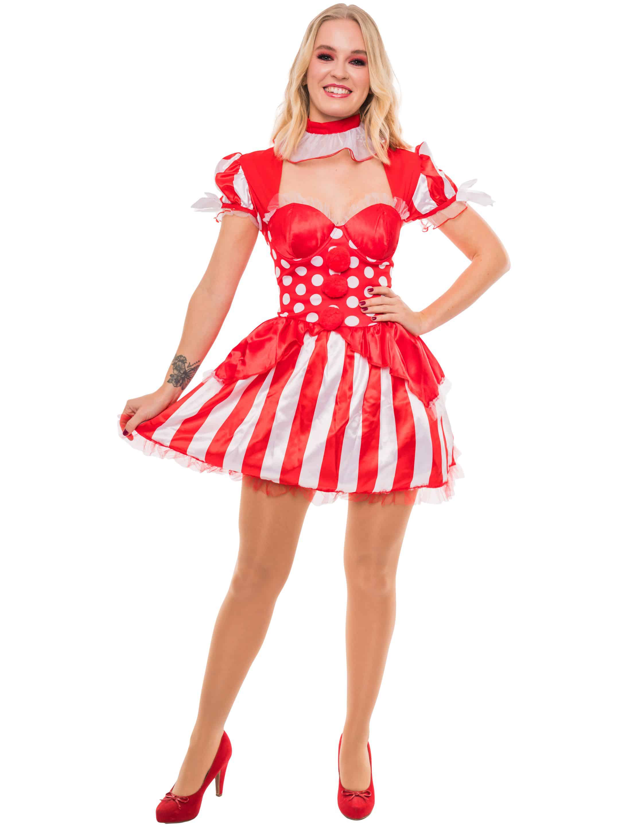 Kleid Clown Damen rot/weiß 34